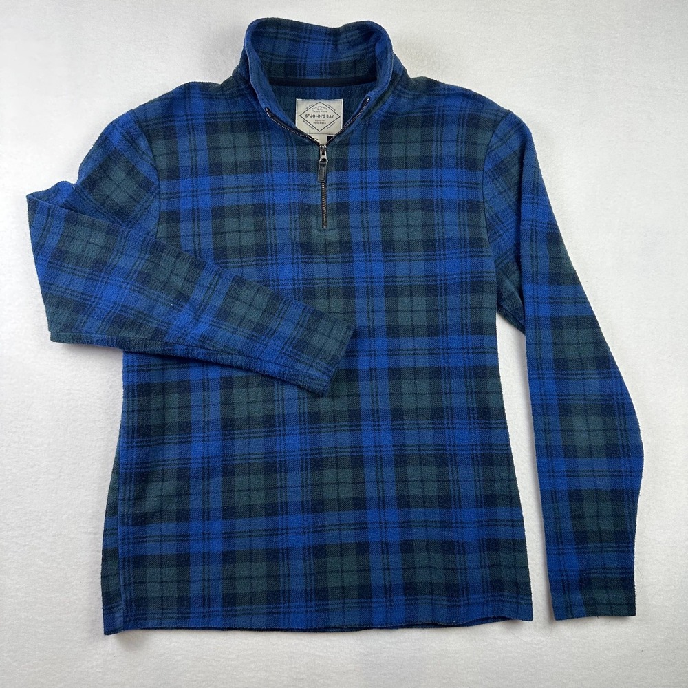 St John's Bay Pullover Mens M Blue Plaid Fleece Quarter Zip Soft Winter Casual